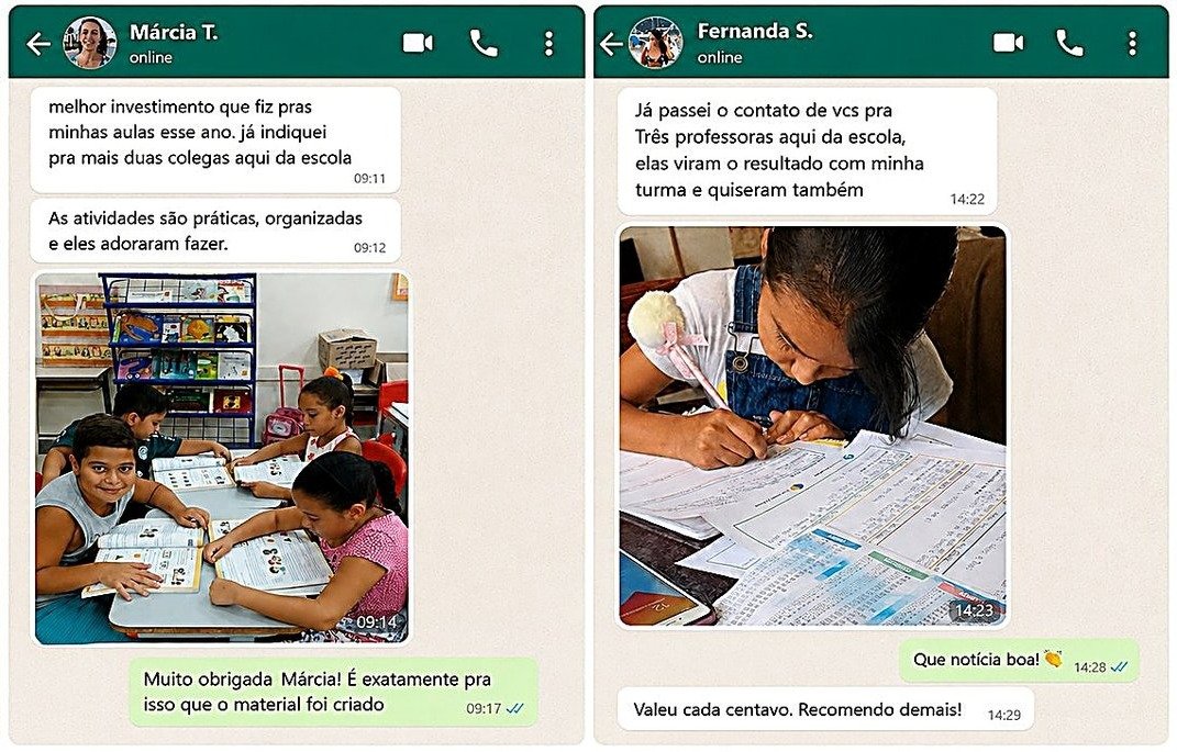 Depoimentos reais de clientes via WhatsApp elogiando o material